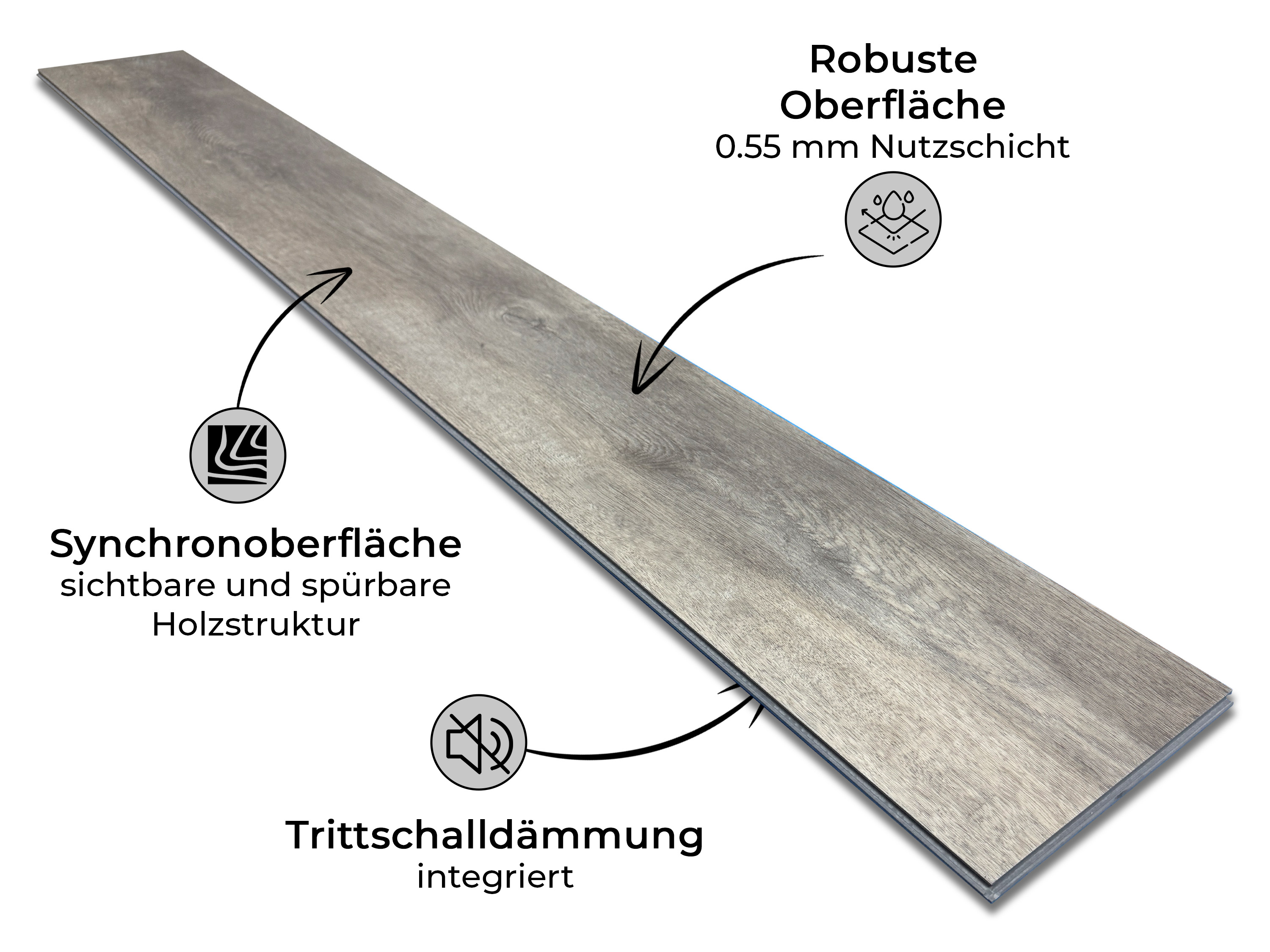 Klick Vinylboden Silent SPC Eiche Arctic inkl. Kork Trittschalldämmung und Synchronoberfläche 8 mm