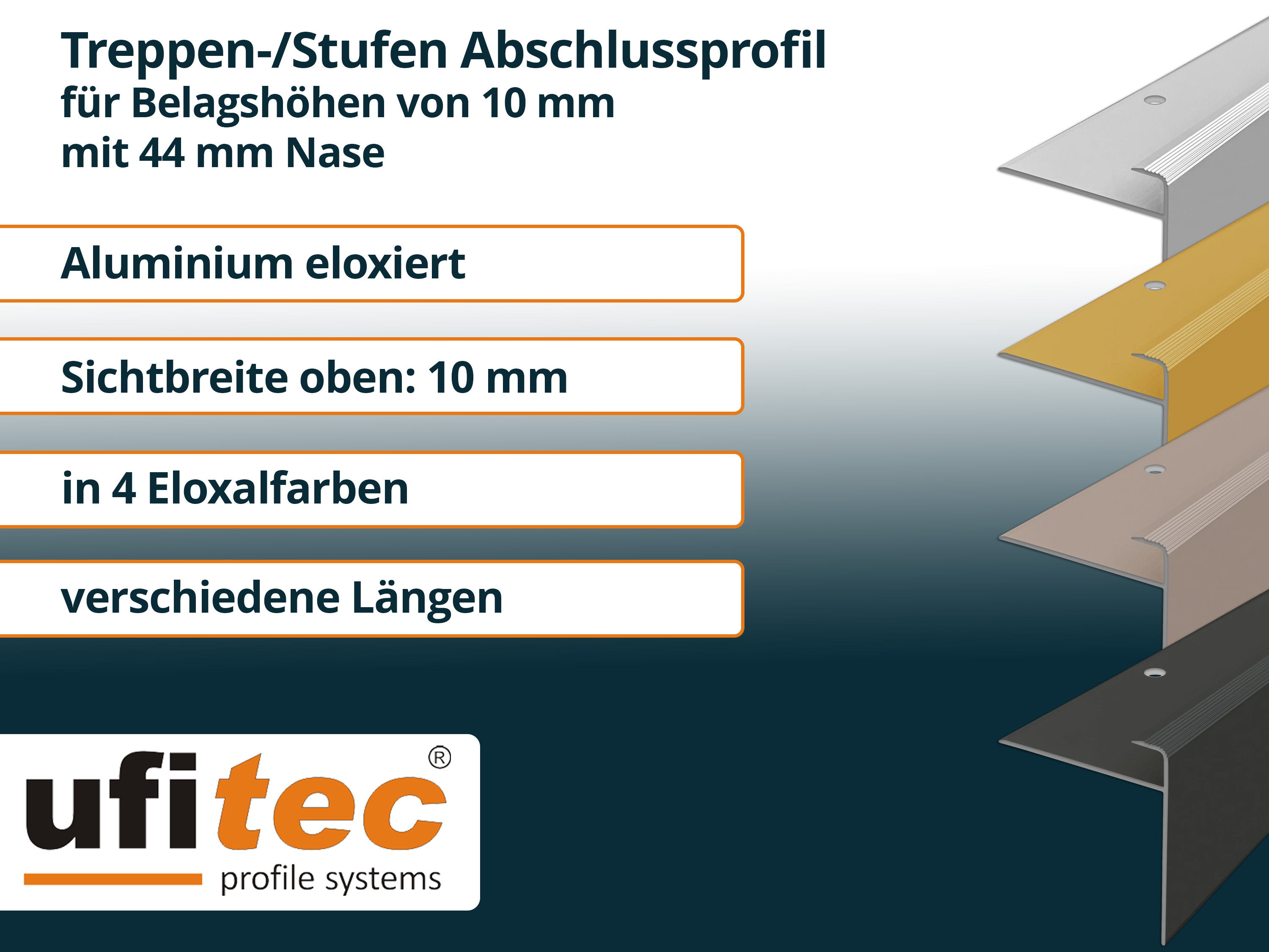 ufitec® Einschubprofil für Belagshöhe bis 10 mm | 44 mm Nase Treppen-/Stufen Abschlussprofil ufitec® Einschubprofil für Belagshöhe bis 10 mm | 44 mm Nase Treppen-/Stufen Abschlussprofil