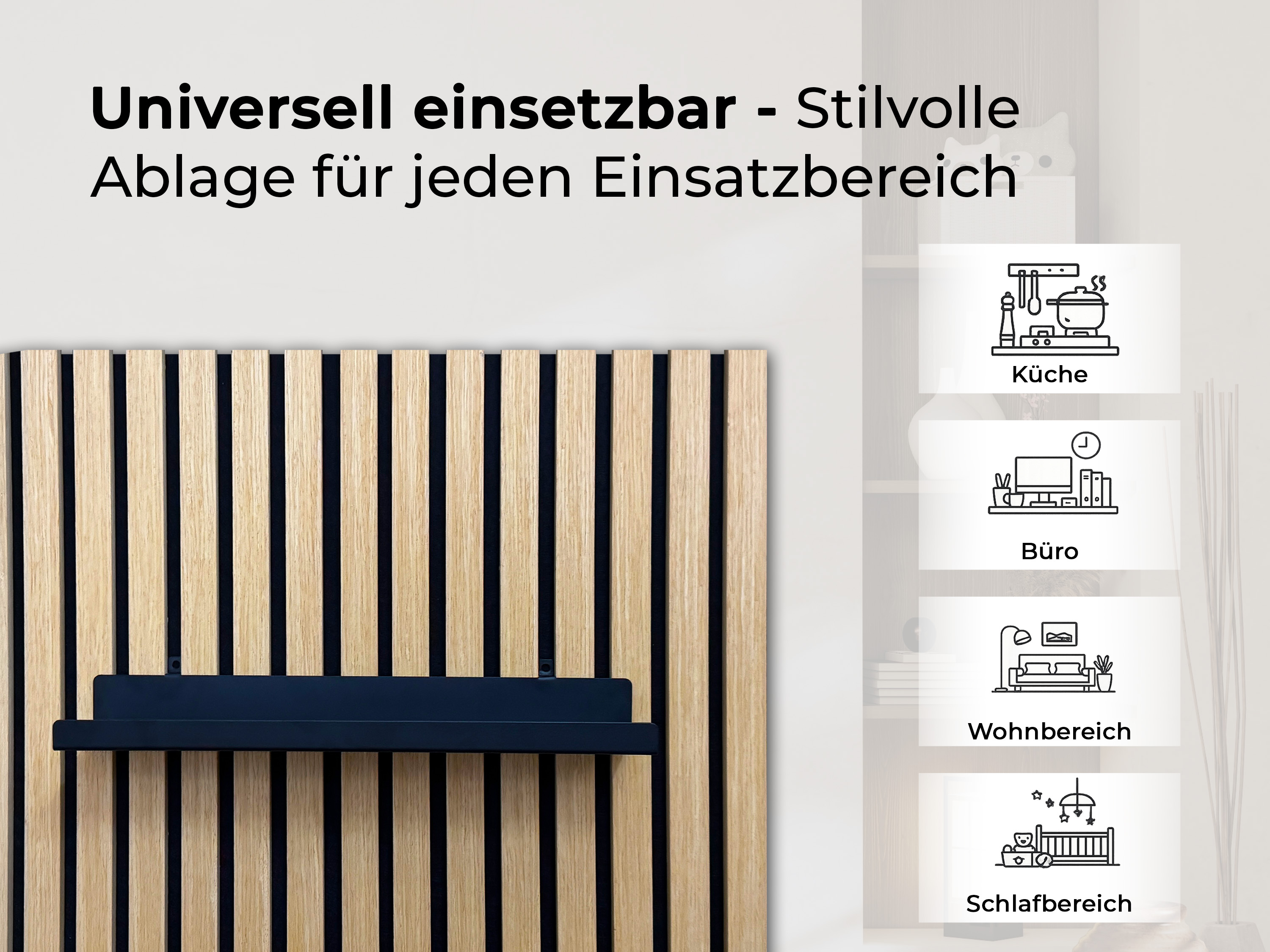 Wandregal Einhängeregal für Akustikpaneele 20 / 40 cm – schwarzes Metallregal für Lamellenwände, modernes Deko- & Ablageregal