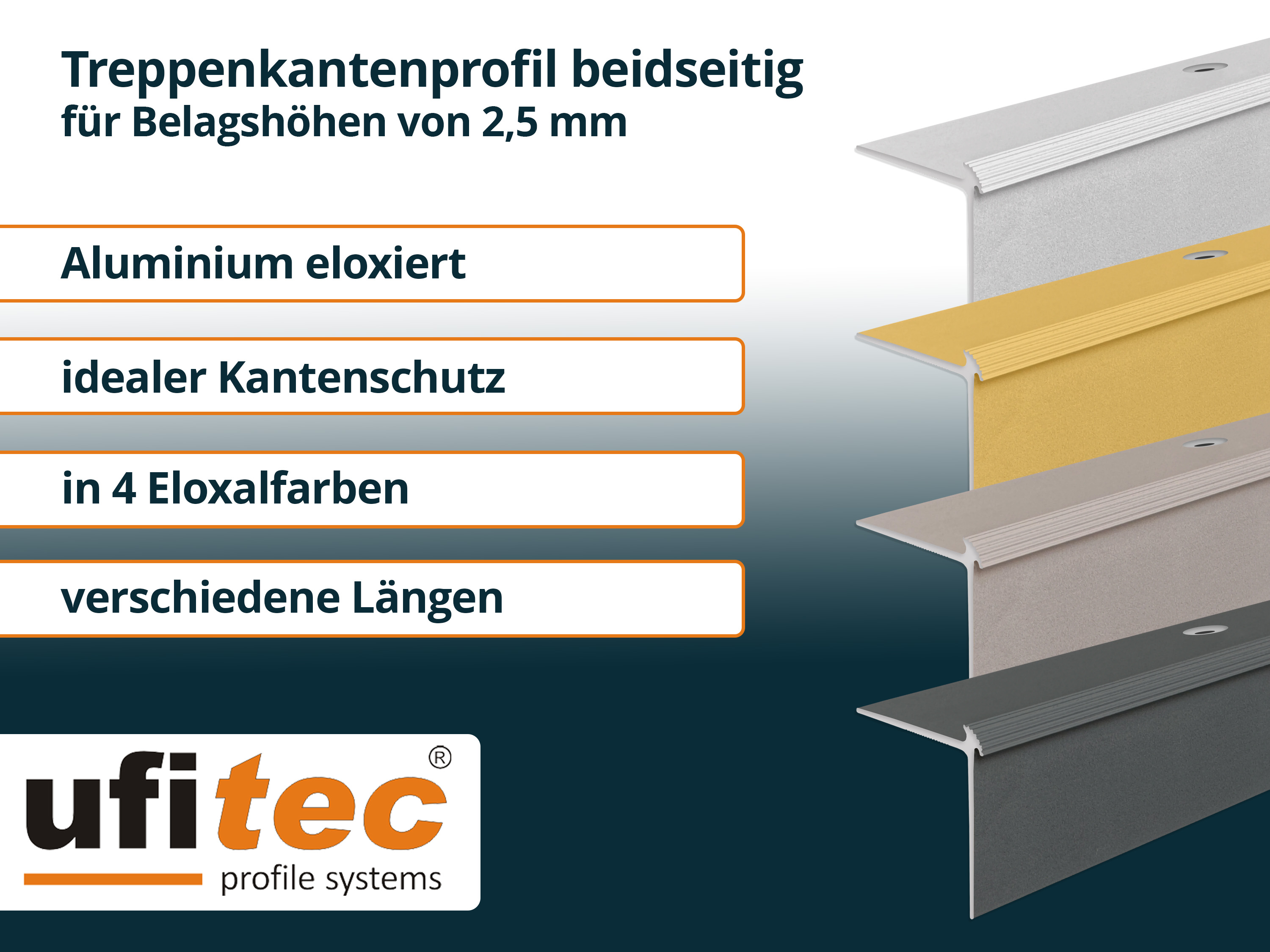 ufitec® Treppenkantenprofil beidseitig für Vinylböden für Belagshöhen von 2,5 mm - Alu eloxiert ufitec® Treppenkantenprofil beidseitig für Vinylböden für Belagshöhen von 2,5 mm - Alu eloxiert