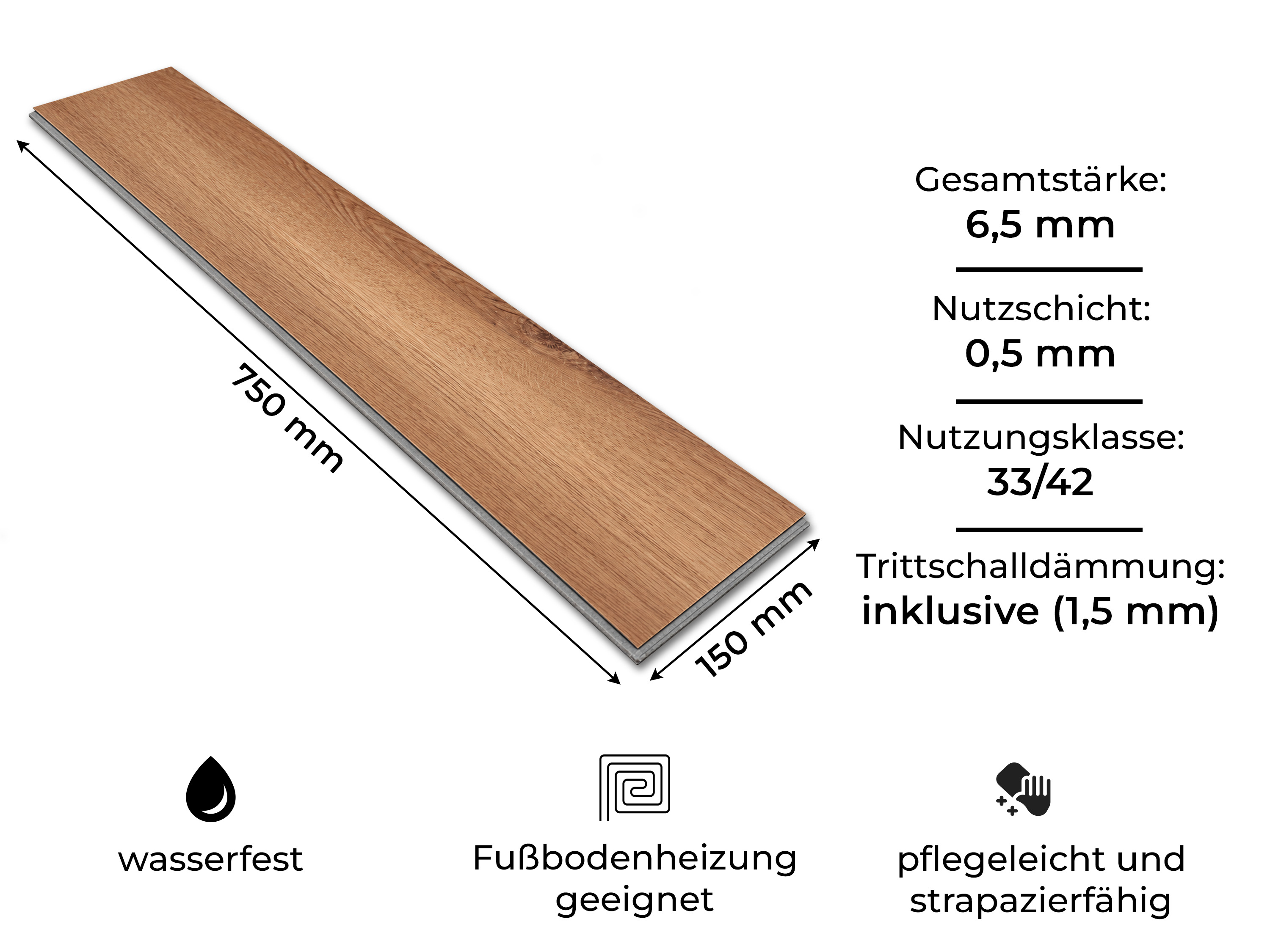 TRECOR® SPC Rigid Fischgrät Vinylboden Eiche Natur – wasserfest, 6,5 mm stark, 0,5 mm Nutzschicht inkl. Trittschalldämmung