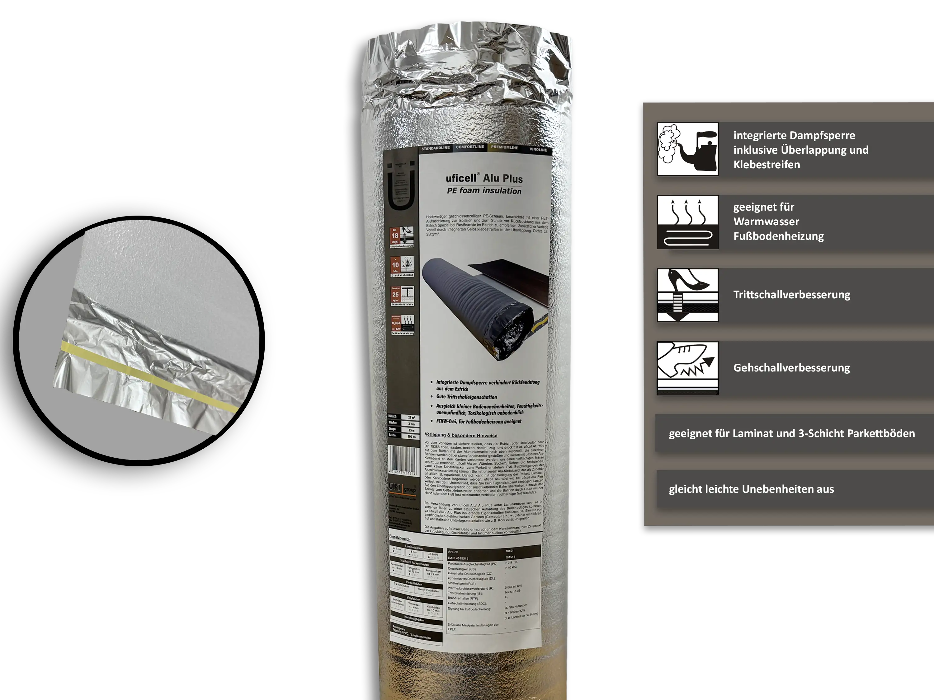 uficell® ALUPLUS PE-Schaum Laminat Verlegeunterlage Trittschalldämmung für Fußbodenheizung uficell® ALUPLUS PE-Schaum Laminat Verlegeunterlage Trittschalldämmung für Fußbodenheizung