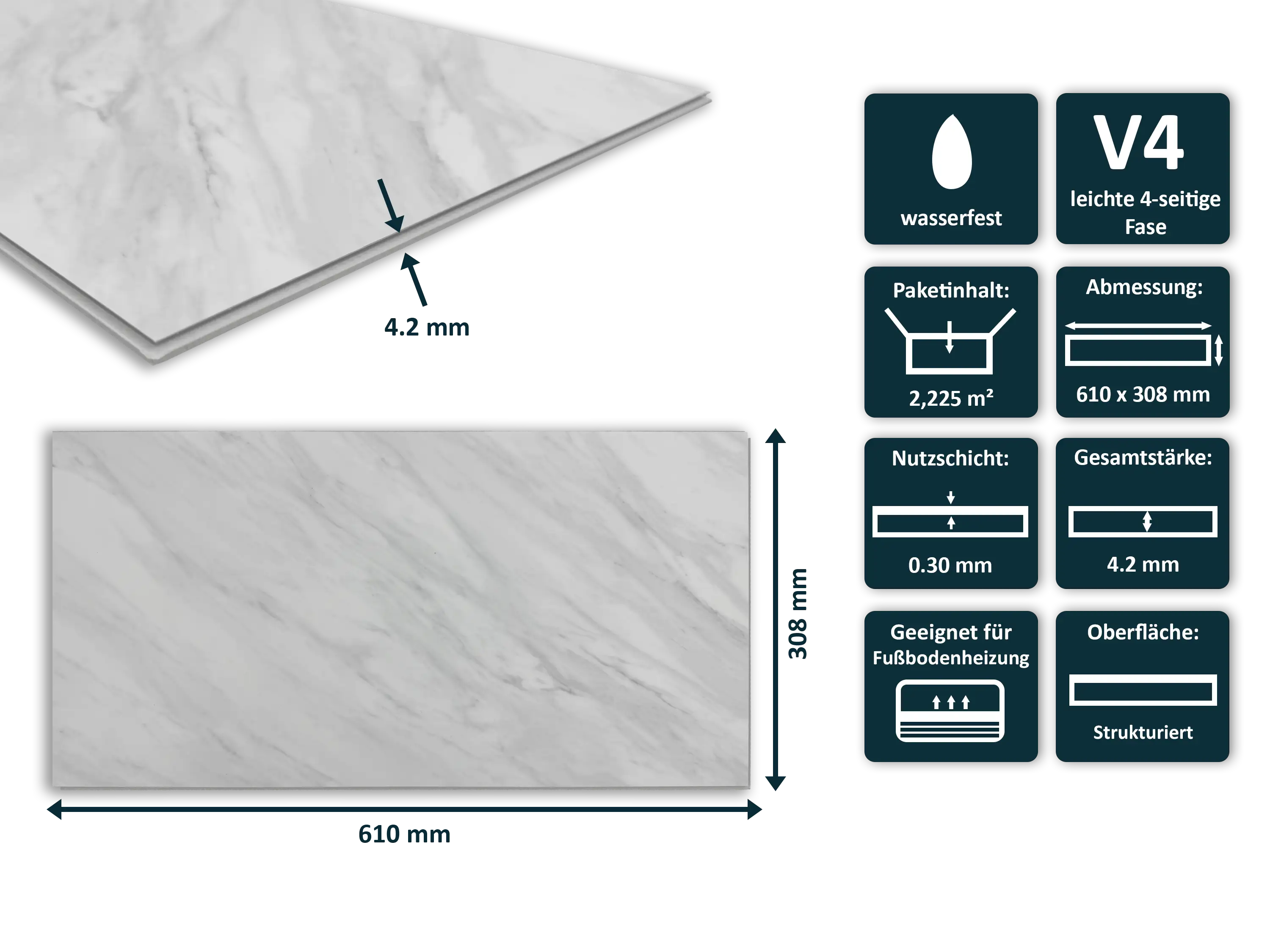 TRECOR® SPC/ RIGID Klick Vinylboden Fliesendekor - Carrara Marmor mit V- Fuge 4.2 mm TRECOR® SPC/ RIGID Klick Vinylboden Fliesendekor - Carrara Marmor mit V- Fuge 4.2 mm