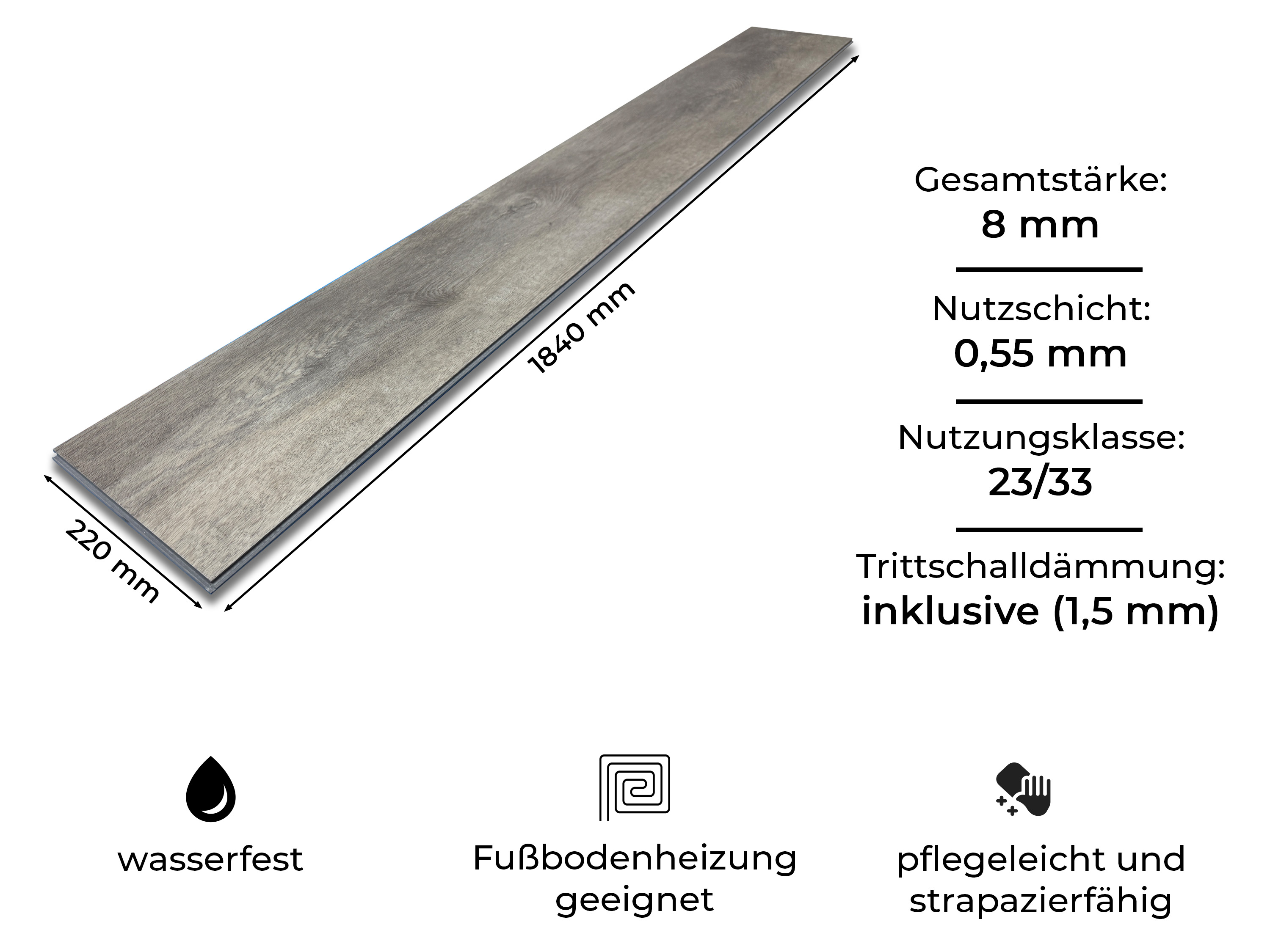 Klick Vinylboden Silent SPC Eiche Arctic inkl. Kork Trittschalldämmung und Synchronoberfläche 8 mm