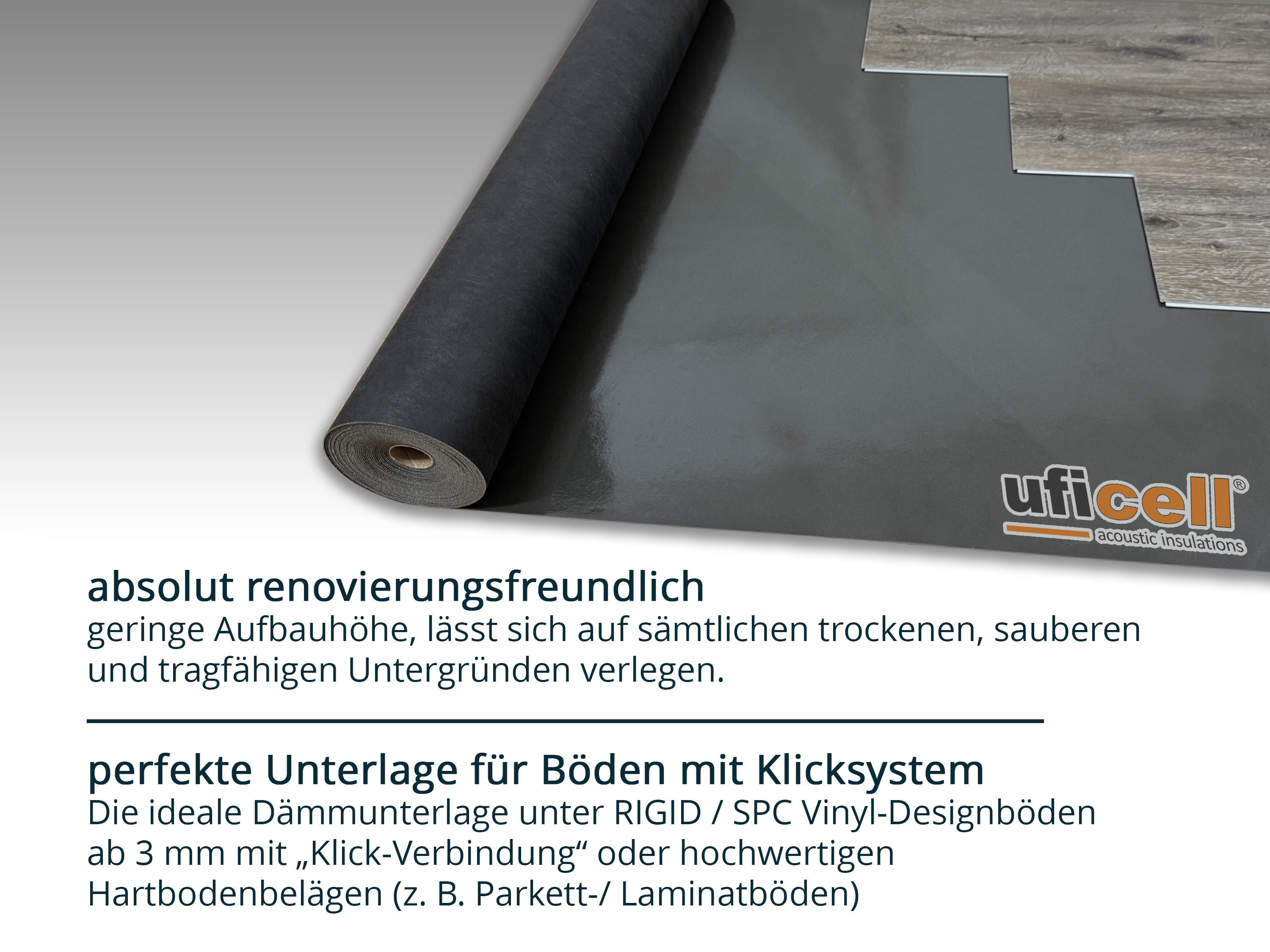 uficell® VINOSOUND RIGID premium Vinylunterlage Trittschallmatte für Rigid/SPC Vinylboden uficell® VINOSOUND RIGID premium Vinylunterlage Trittschallmatte für Rigid/SPC Vinylboden