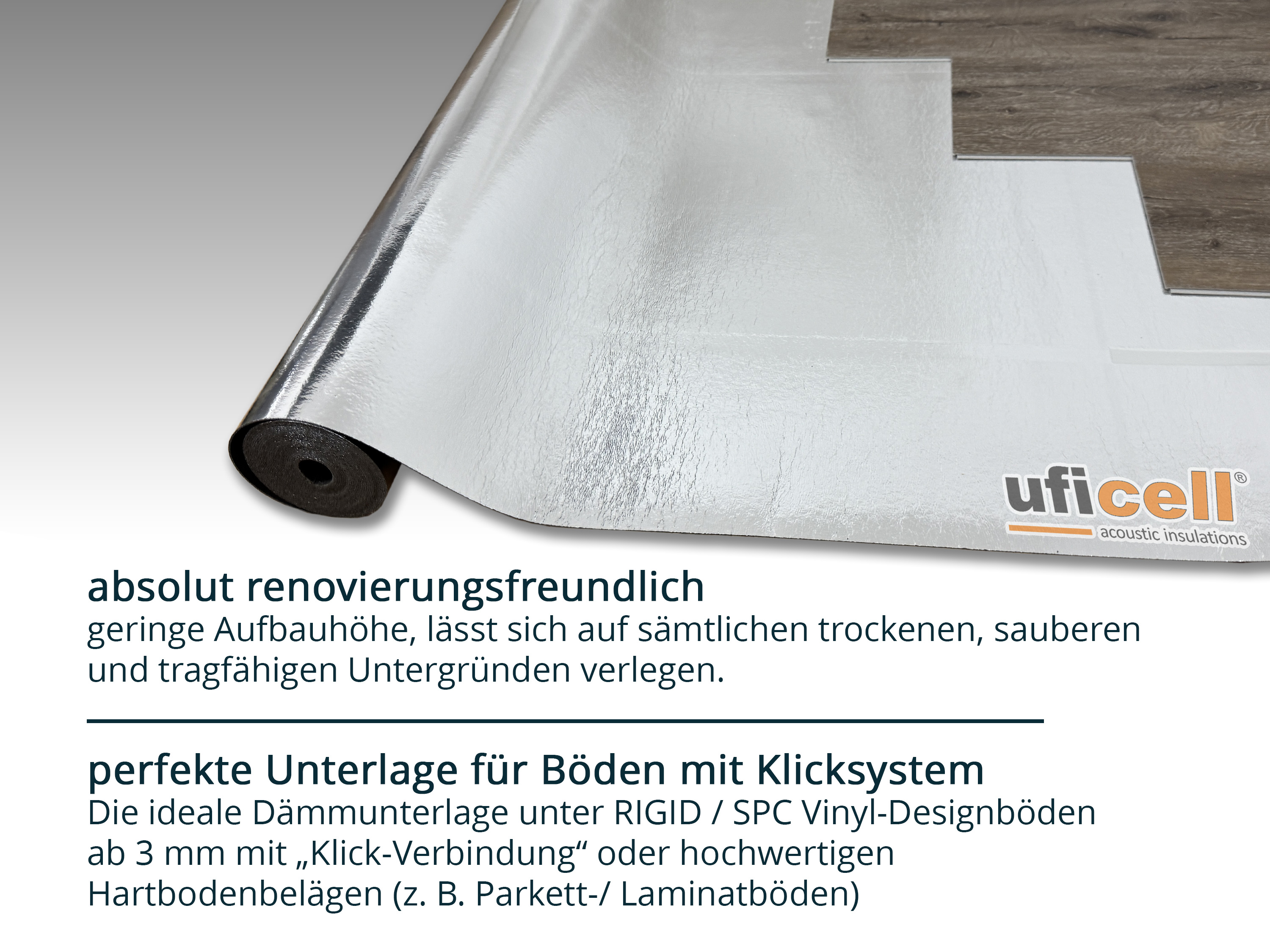 uficell® VINOSOUND RIGID ALU premium Vinylunterlage Trittschalldämmung für Klick Rigid/SPC Vinylboden uficell® VINOSOUND RIGID ALU premium Vinylunterlage Trittschalldämmung für Klick Rigid/SPC Vinylboden