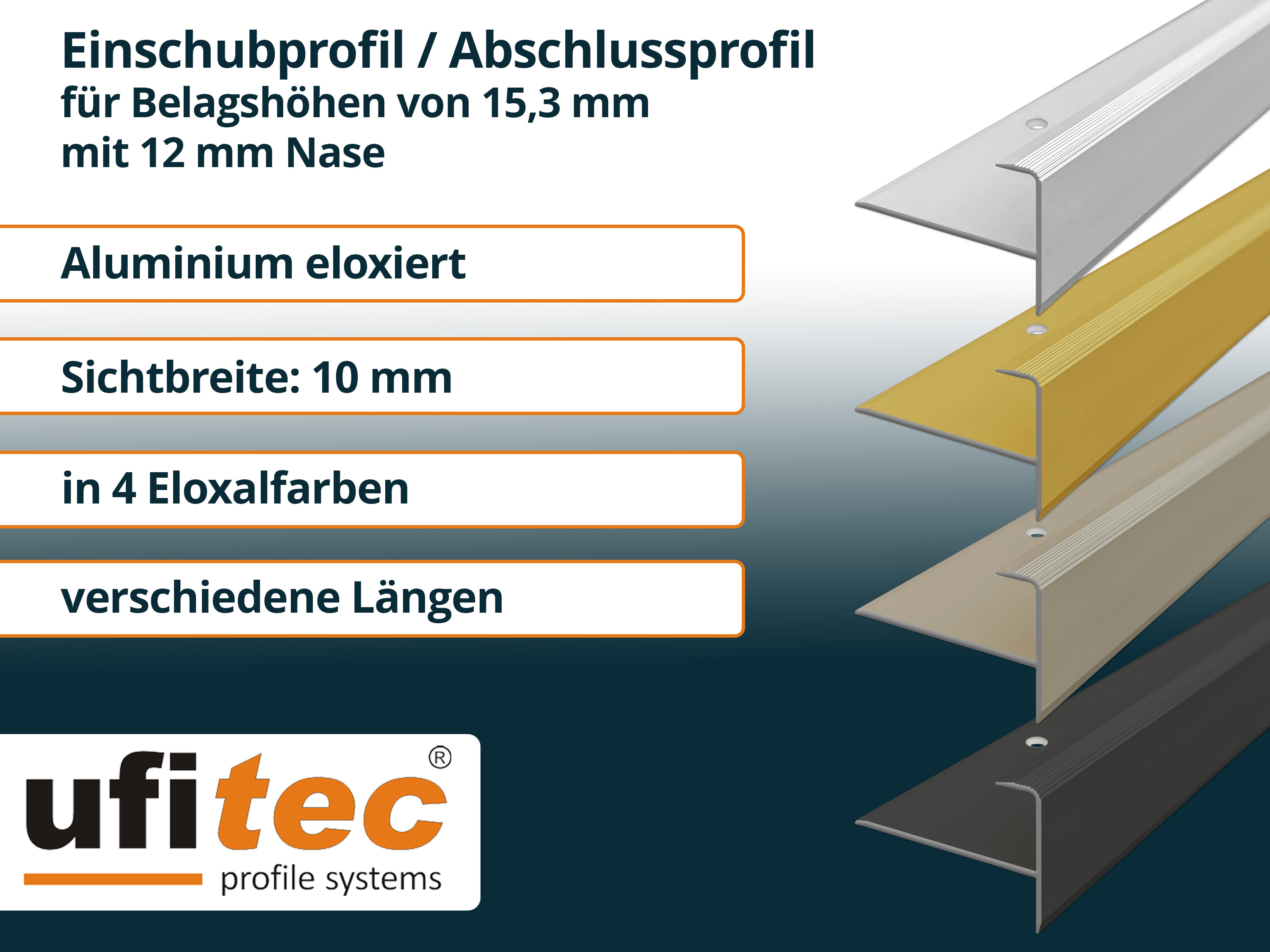 ufitec® Einschubprofil für Belagshöhen bis 15,3 mm mit 12 mm Nase Treppen-/Stufen Abschlussprofi ufitec® Einschubprofil für Belagshöhen bis 15,3 mm mit 12 mm Nase Treppen-/Stufen Abschlussprofi