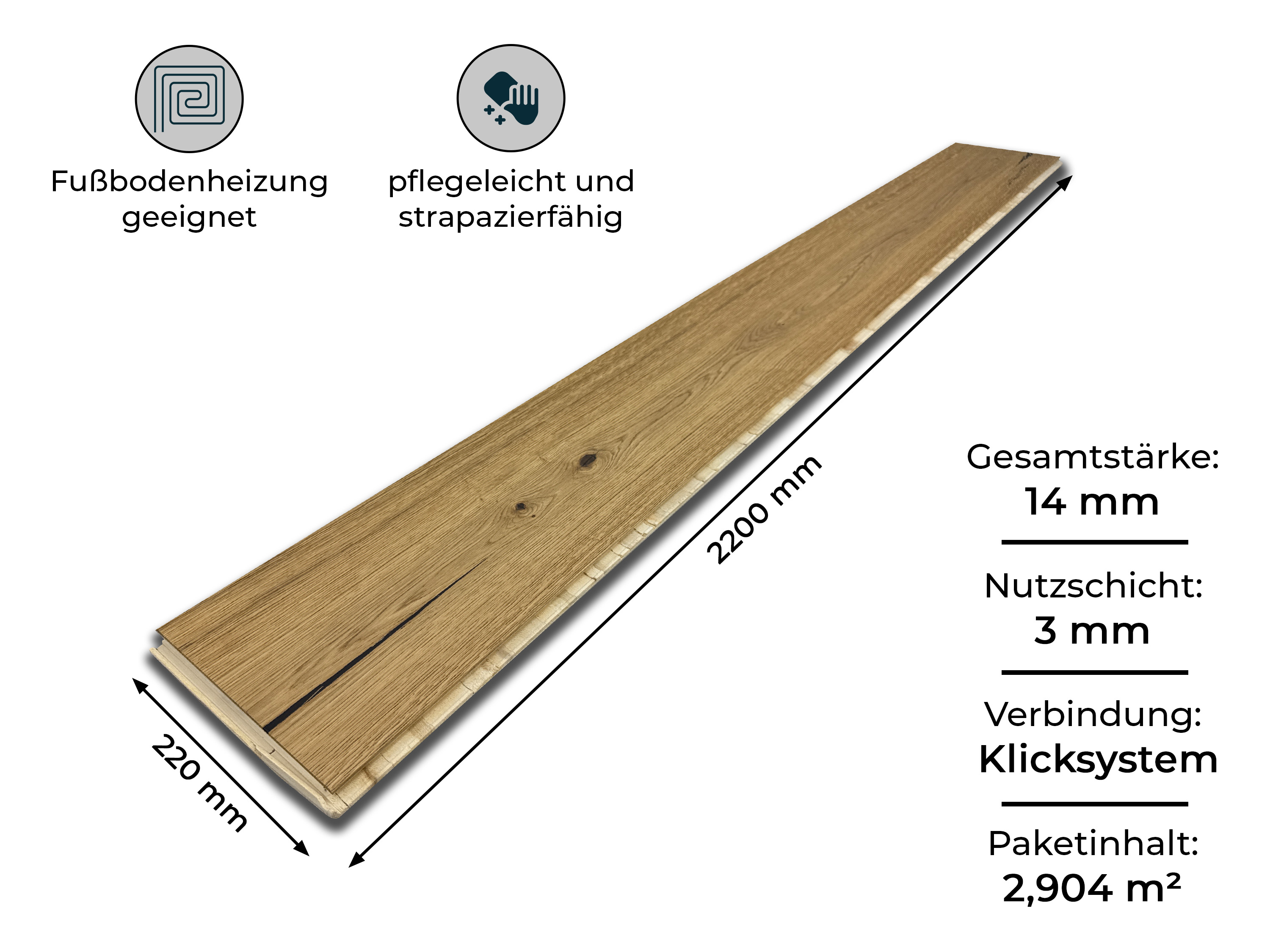 Parkettboden Eiche Rustikal XL Landhausdiele 3 Schicht 220 mm Breit gebürstet & endgeölt, 2G Klicksystem