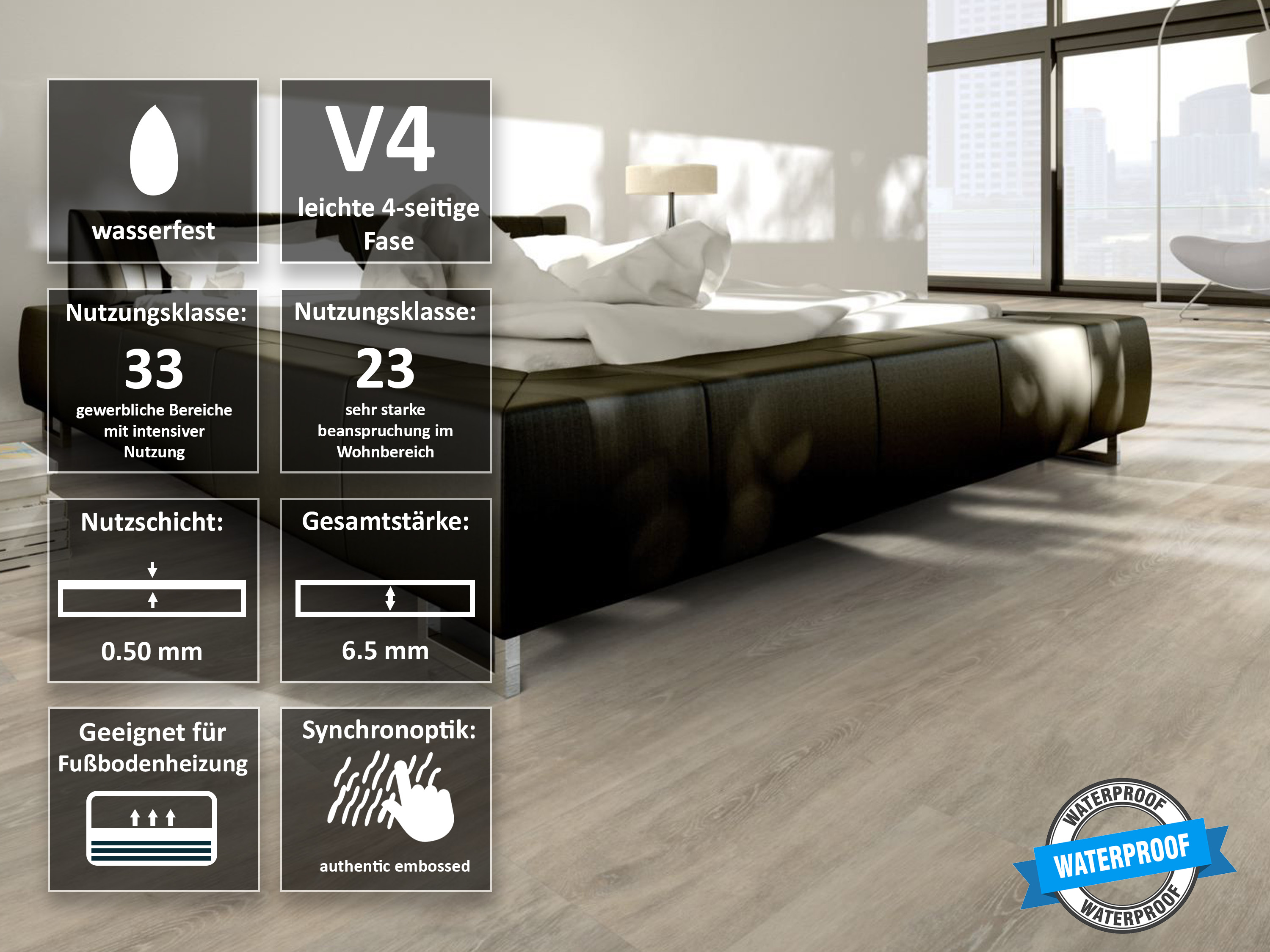 Vinylboden Eiche Premium Silber Rigid Klickvinyl 6,5 mm Stark, V4 Fuge, inkl. 1 mm Trittschalldämmung