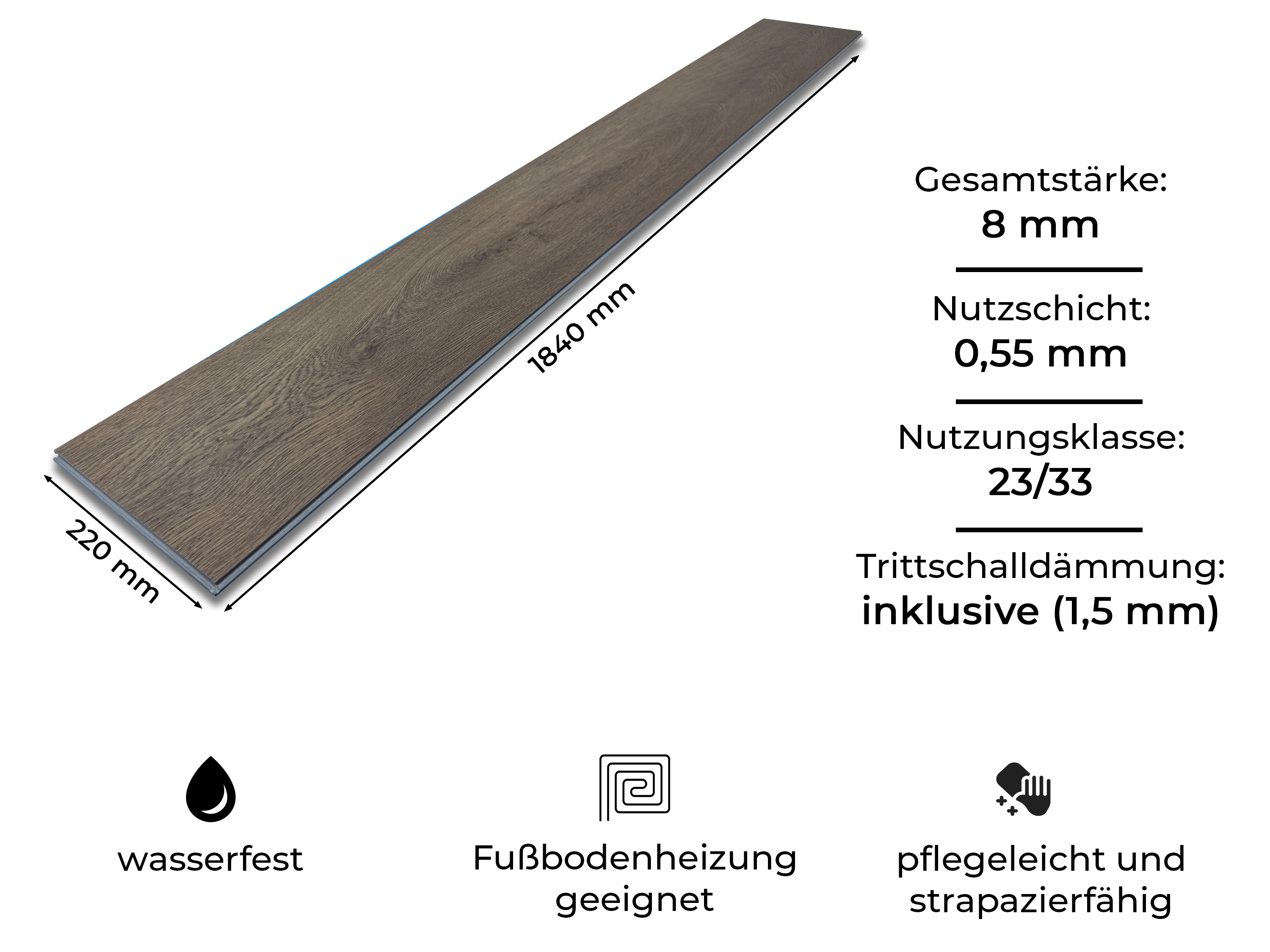 Klick Vinylboden Silent SPC Eiche Dark Manor inkl. Kork Trittschalldämmung und Synchronoberfläche 8 mm