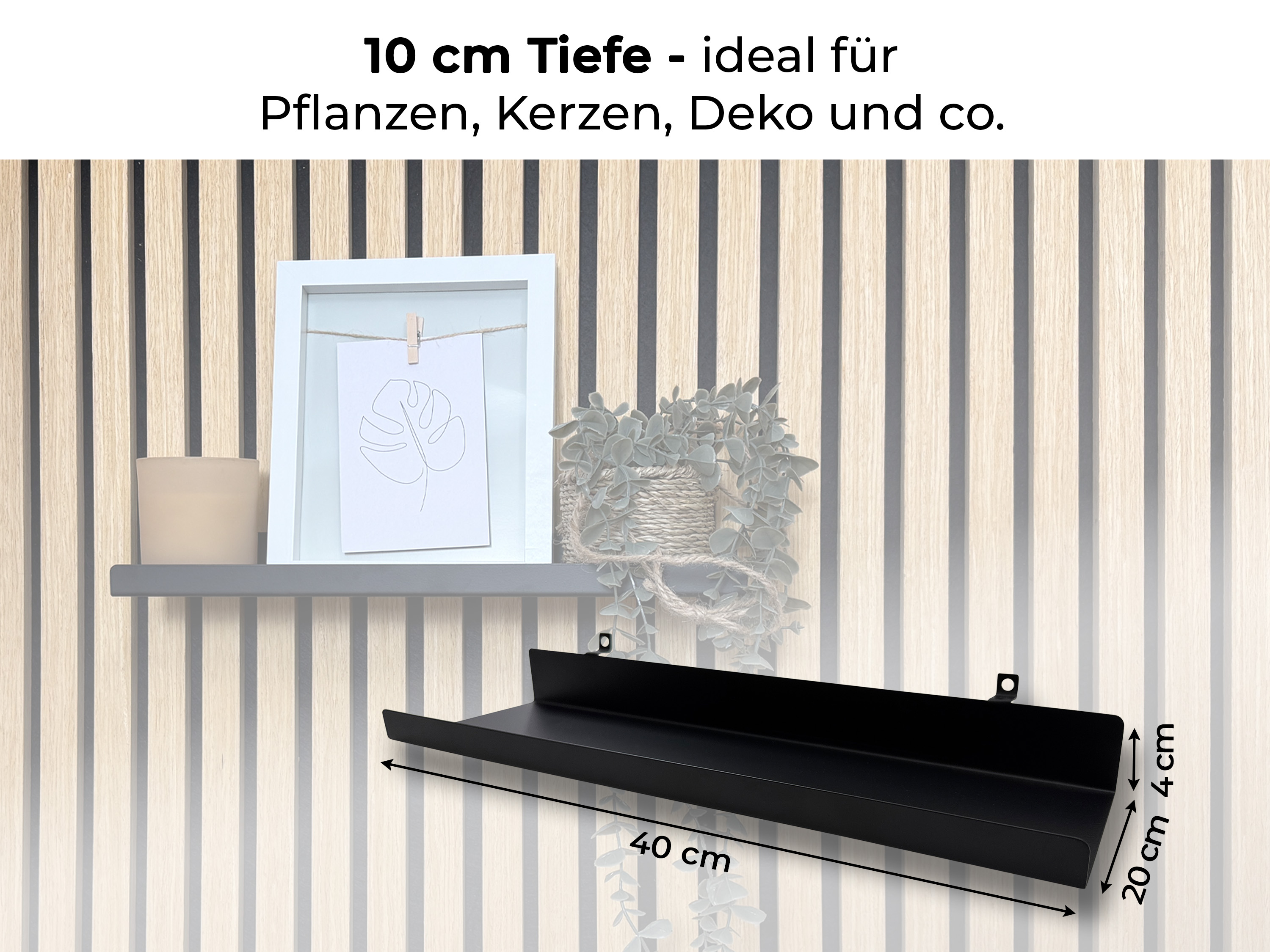 Wandregal Einhängeregal für Akustikpaneele 20 / 40 cm – schwarzes Metallregal für Lamellenwände, modernes Deko- & Ablageregal